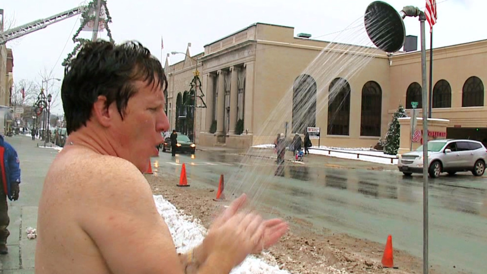 Would you take a shower in the winter weather? Or even take a shower in public? Well, for one man in Honesdale, this is a holiday tradition.