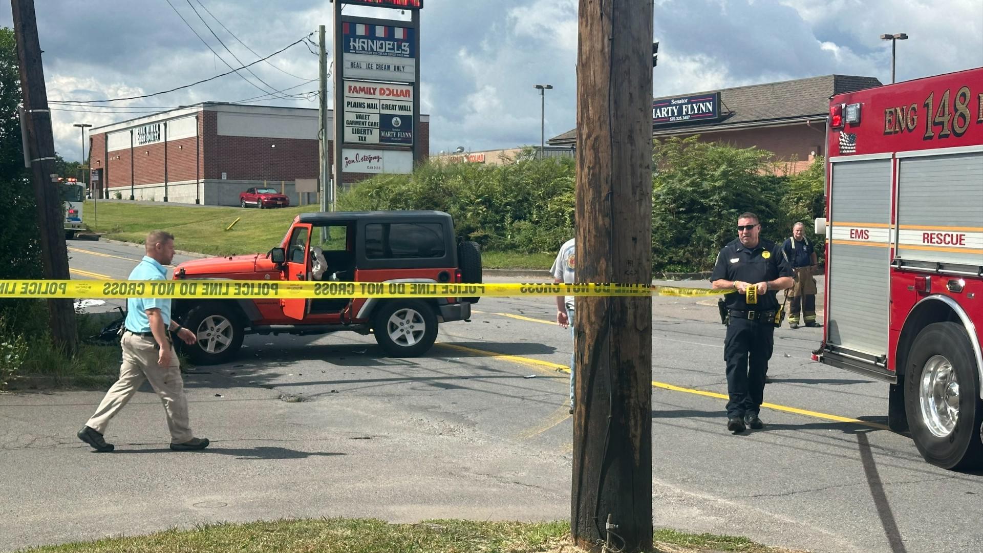 A Jeep and a motorcycle collided around 11 a.m. Friday along River Street in Plains Township.