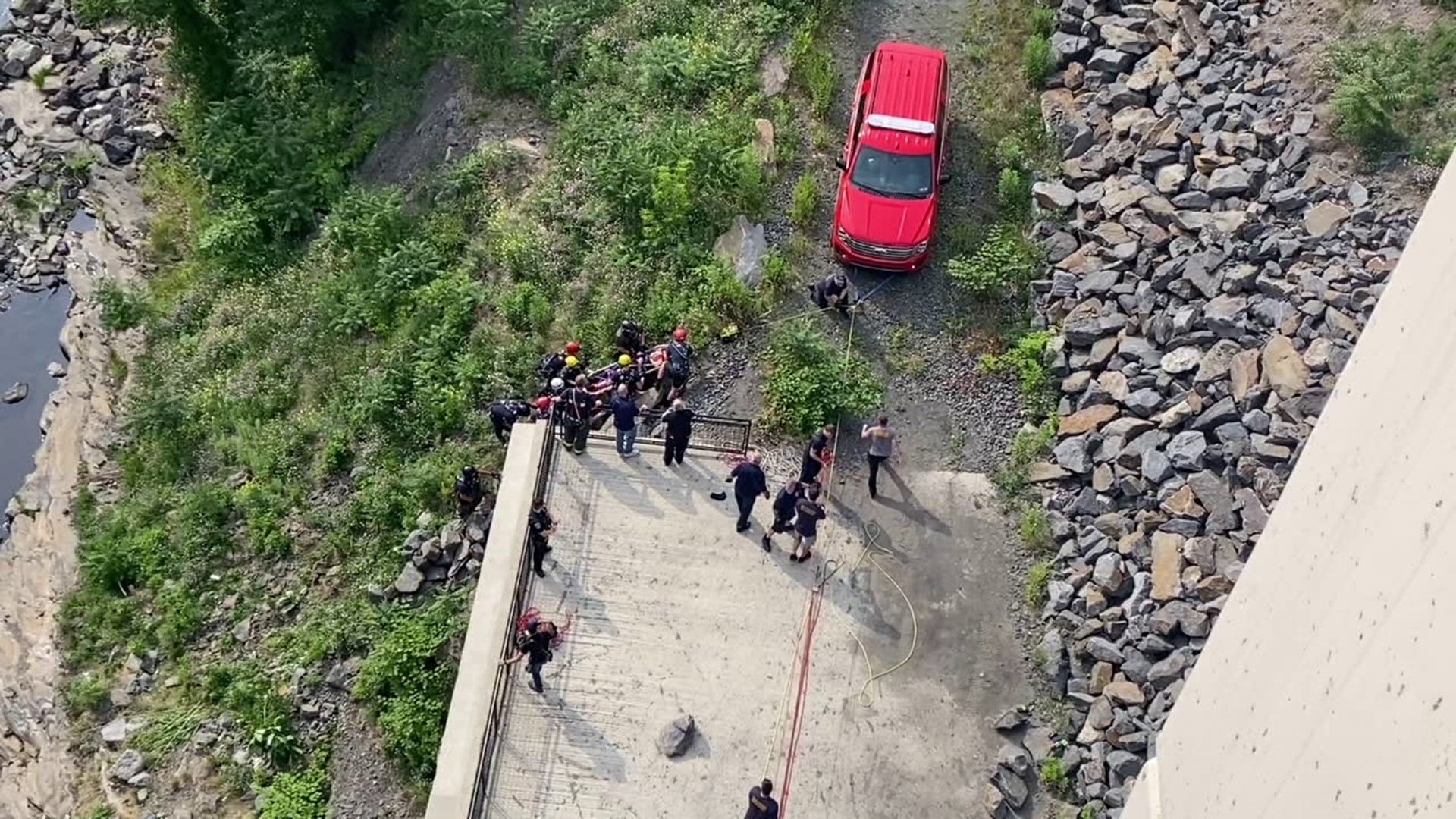 Fire crews in Scranton rescued a man from underneath the Harrison Avenue Bridge Monday after he fell 60 feet.