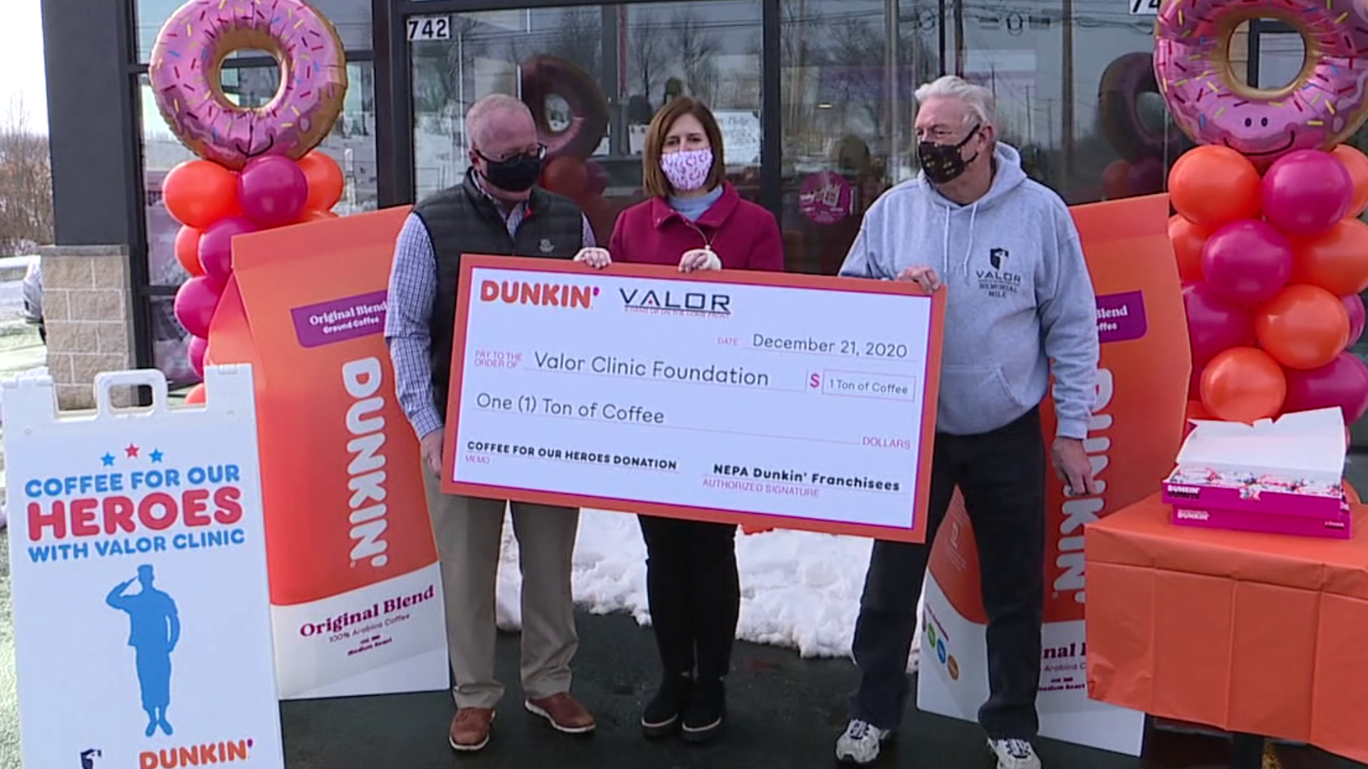 The Dunkin' on Davis Street donated one ton of coffee to the VALOR Clinic Foundation Monday morning.