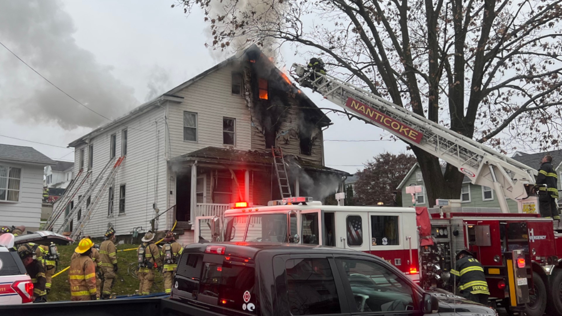 One firefighter suffered some burns in the fire in Nanticoke.
