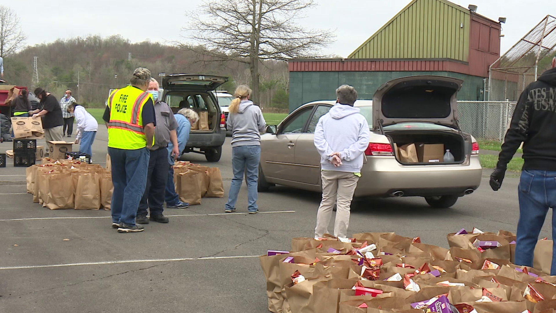 Organizers prepared 130 bags of food for families.