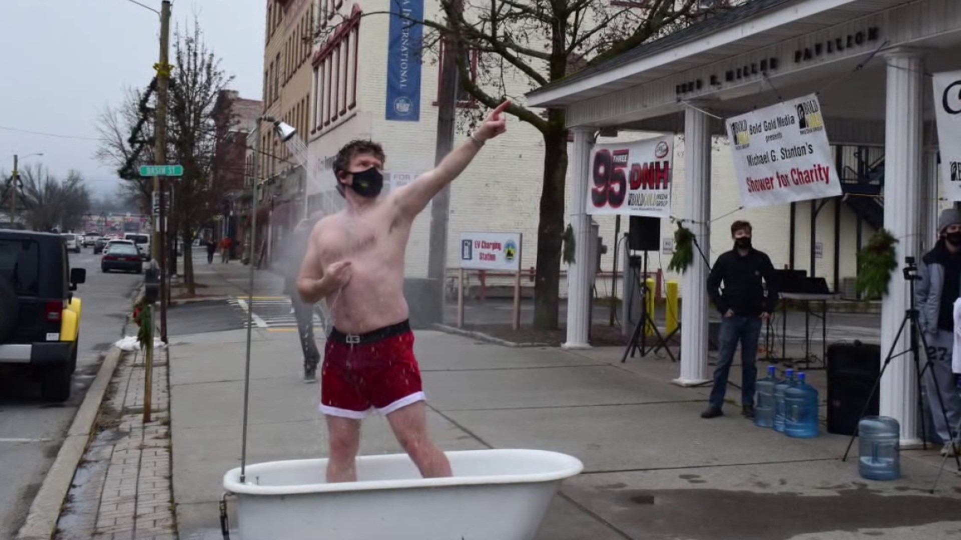 Michael Stanton showered on Main Street in Honesdale from 10 a.m. to 1 p.m. on Saturday to raise money for the Wayne County Children's Christmas Bureau.