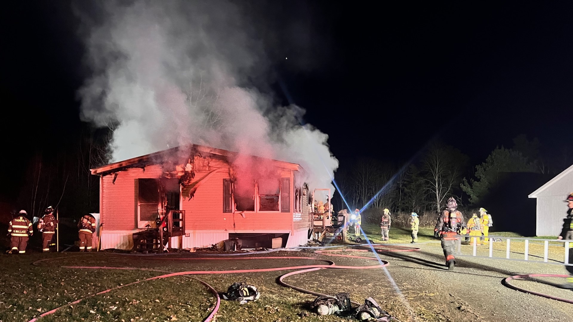 Flames broke out shortly after 4 p.m. Monday along Route 171 in Thompson Township.