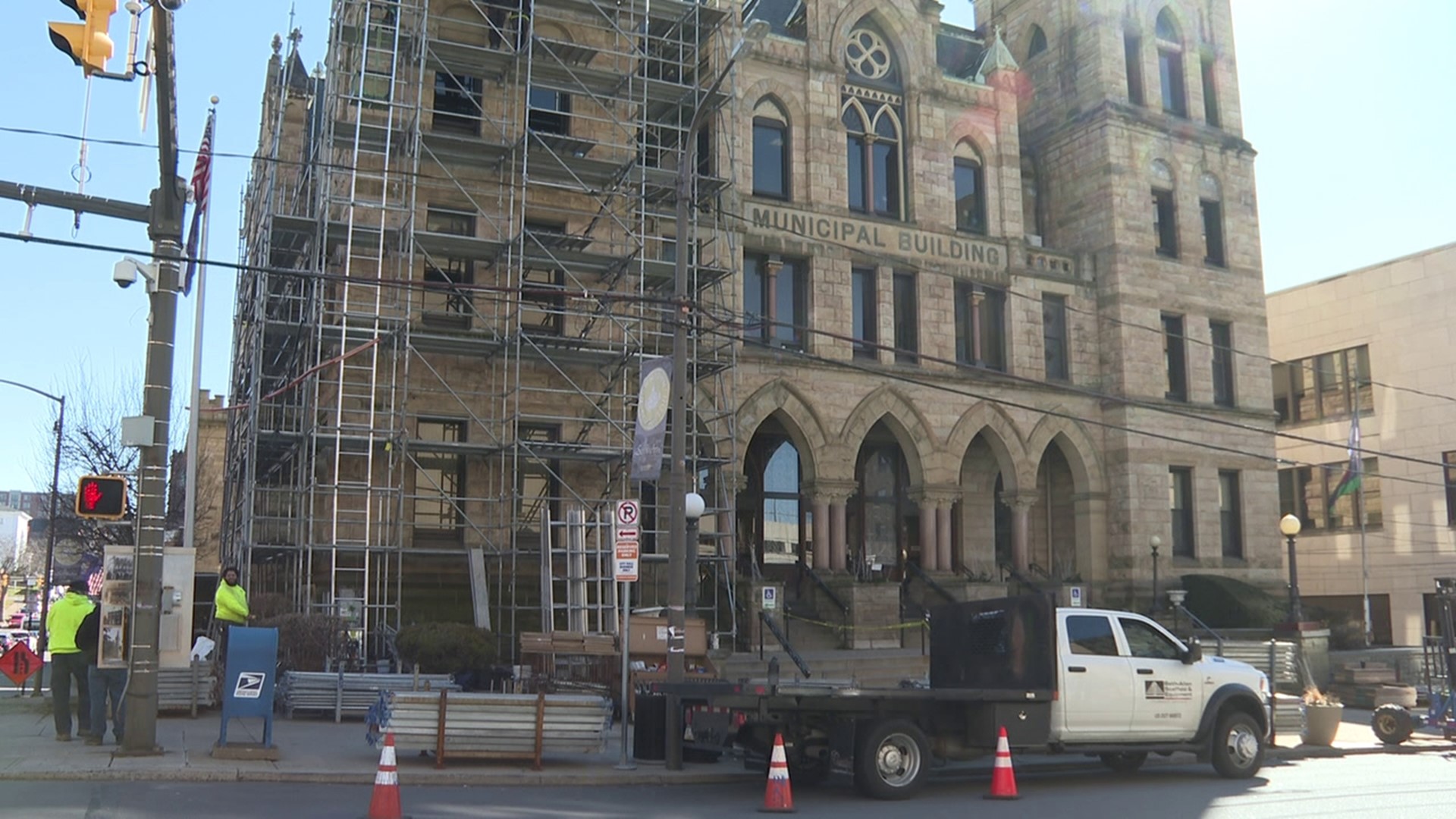 Crews began placing scaffolding around the 136-year-old building along North Washington Avenue on Tuesday as part of a multi-million dollar restoration project.