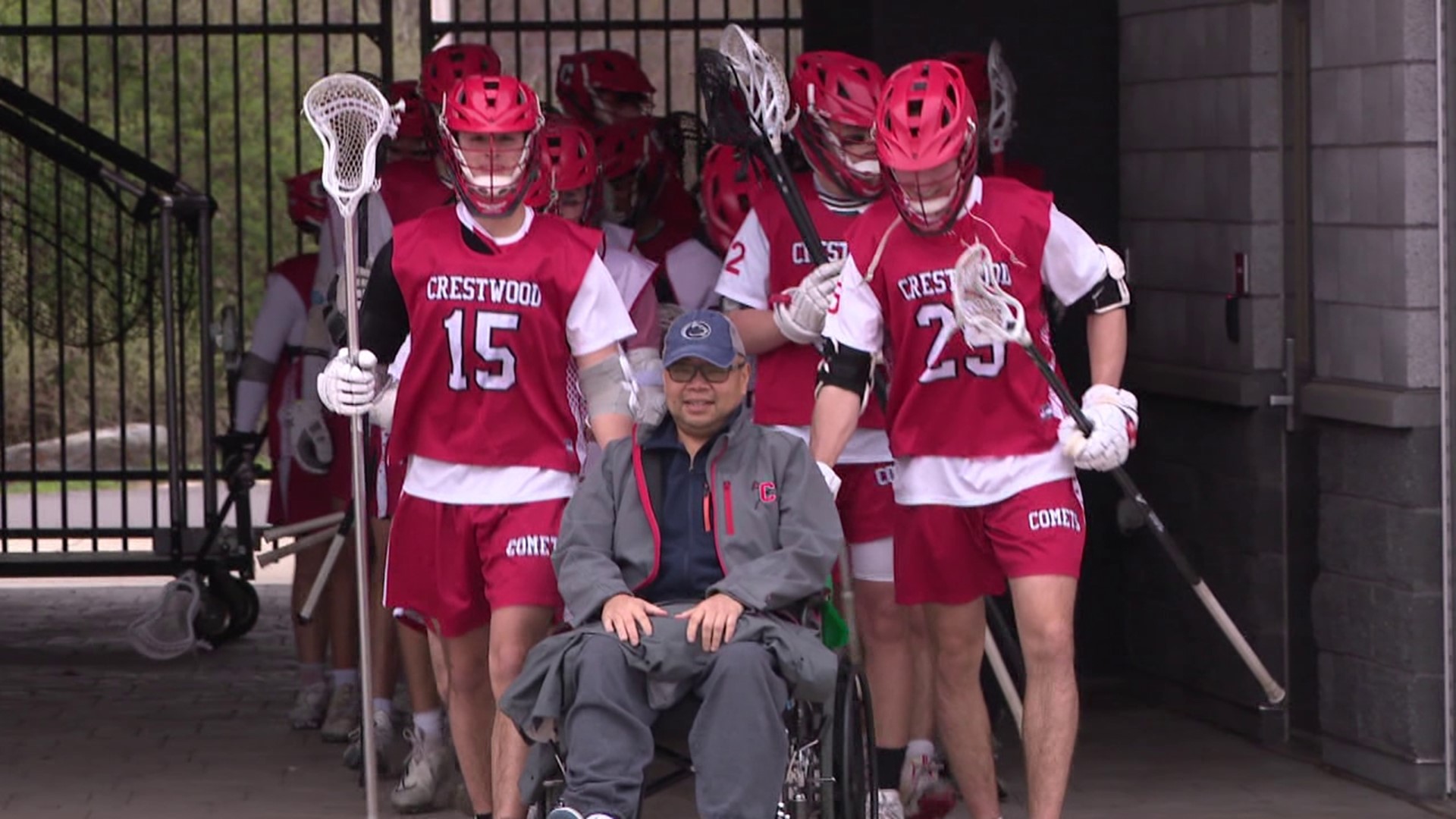 The Crestwood lacrosse team was all smiles when they saw their assistant coach, Roderick Delarosa, for the first time in weeks after undergoing rehab.