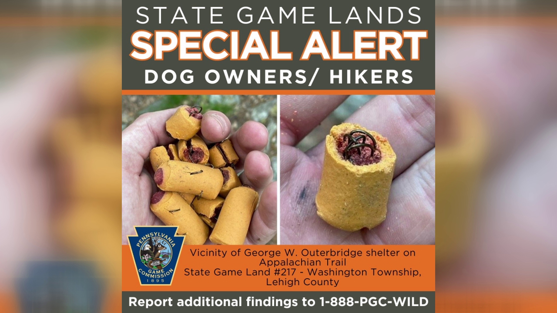 The PA Game Commission is warning hikers and dog owners of treats found containing metal fish hooks on the Appalachian Trail in Washington Township.
