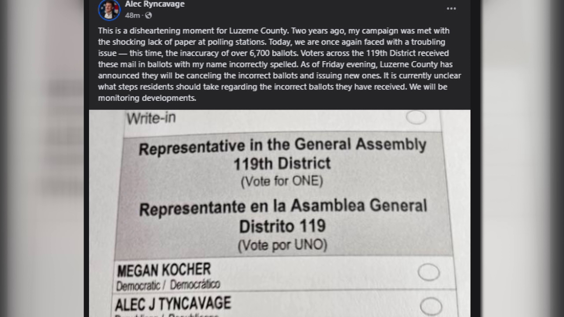 Dominion Voting Systems is taking responsibility for the misspelling of State Representative Alec Ryncavage's last name on 6,700 mail-in ballots.