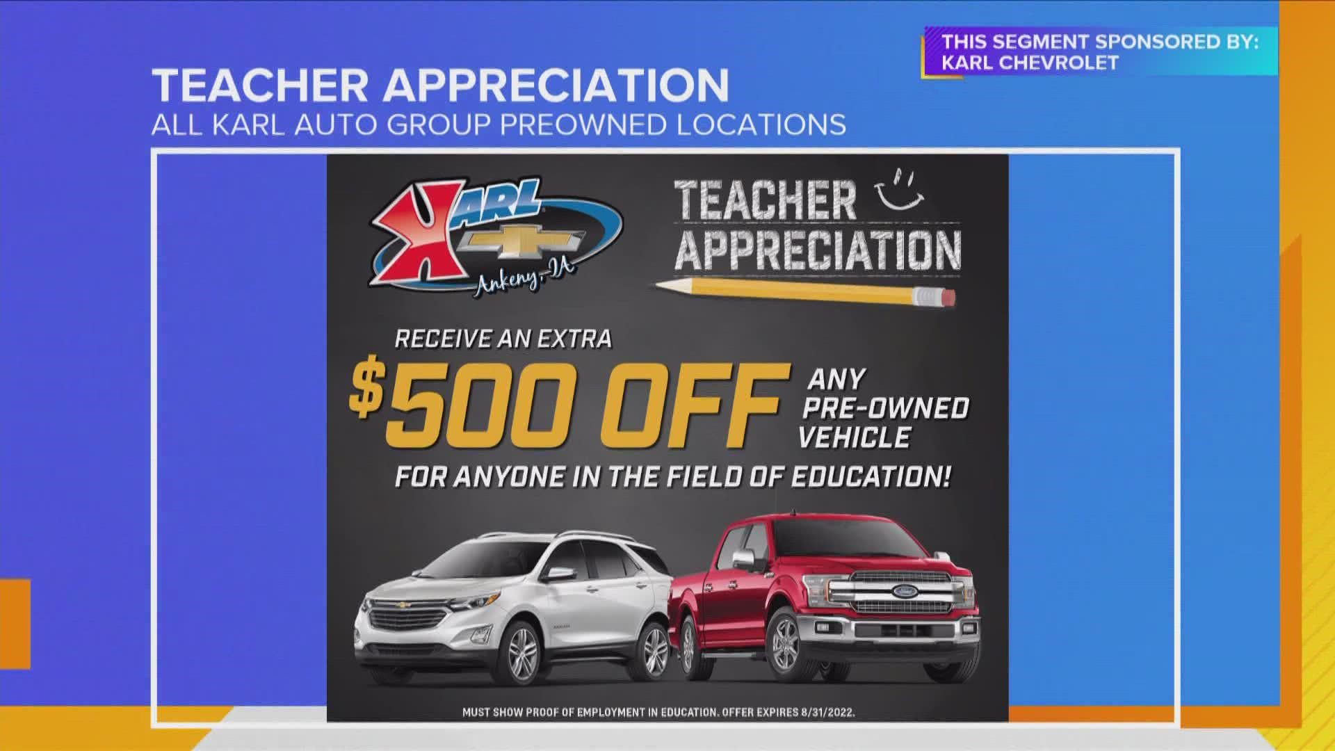 Bret Moyer has information that offers EDUCATORS an ADDITIONAL $500 OFF any pre-owned vehicle at any of the Karl Auto Group locations across the state | Paid Content