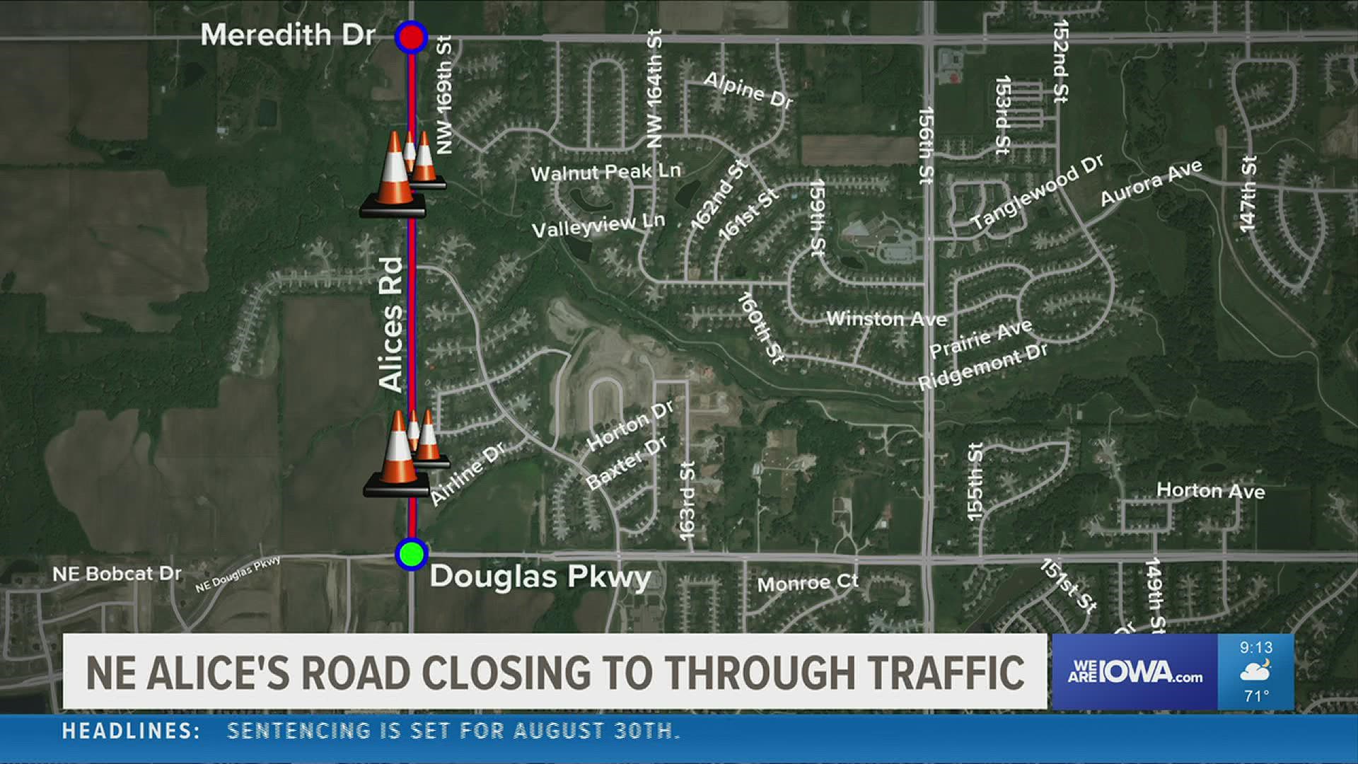 A detour will redirect traffic around the closure via Douglas Parkway onto NW 156th Street and then onto Meredith Drive.