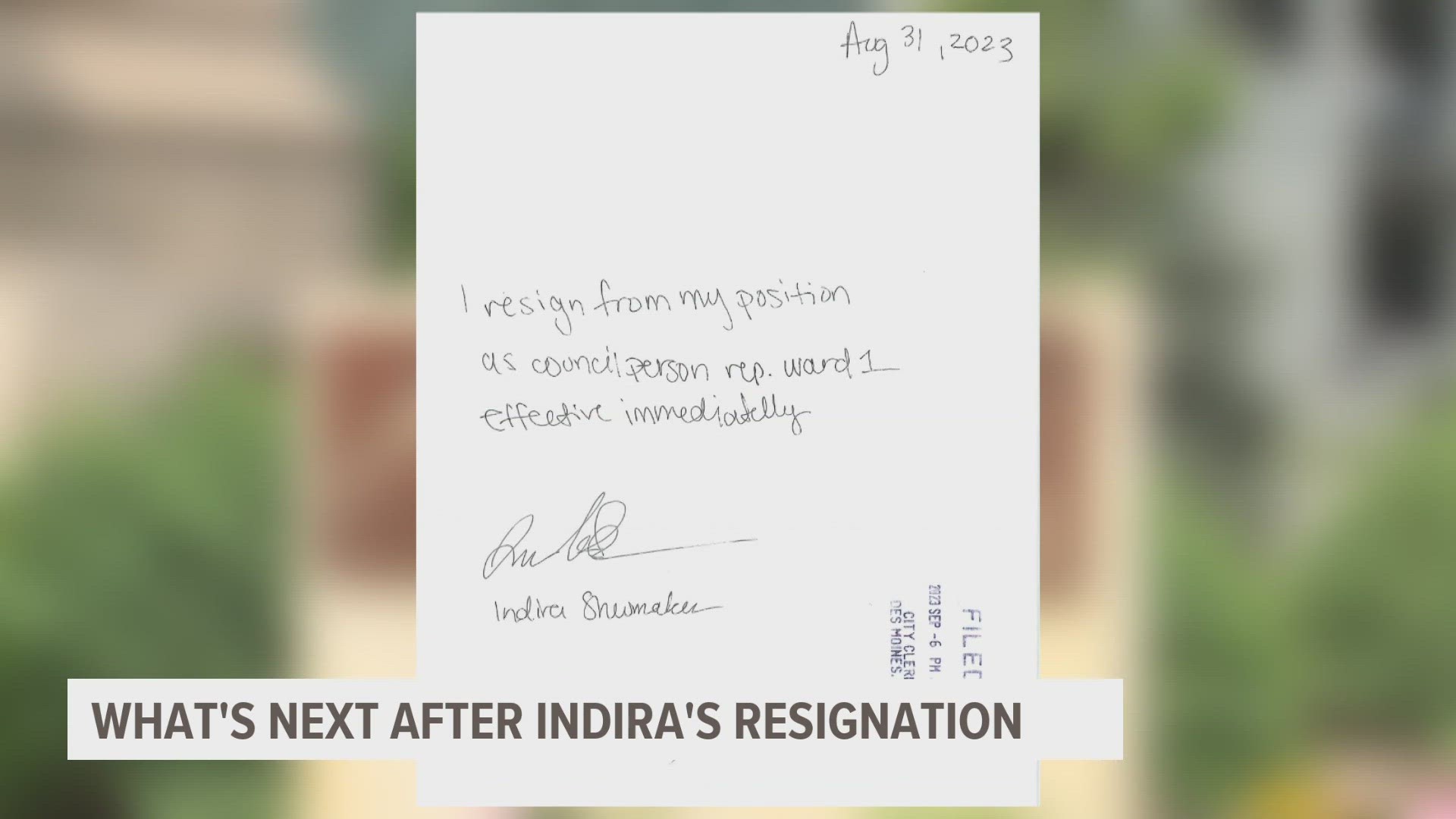 In the resignation letter dated Aug. 31, Sheumaker writes simply: "I resign from my position as councilperson Rep. Ward 1 effective immediately."