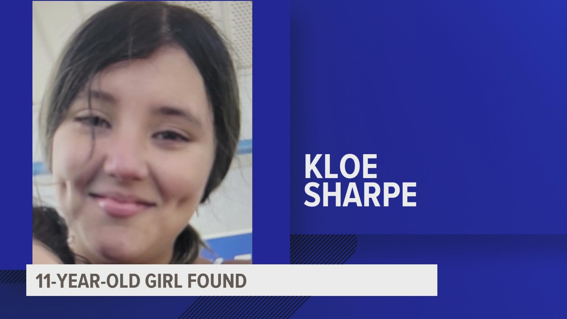 Kloe Sharpe was reported missing around 2 p.m. and found around 10 p.m., according to police.