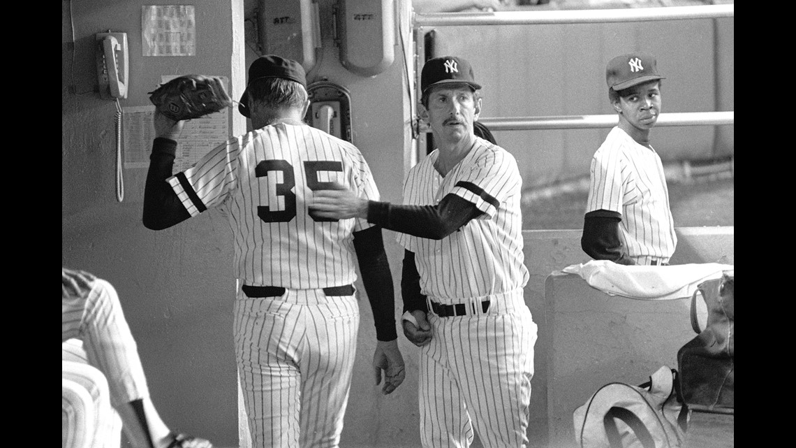 New York Yankees 45-year-old starter Phil Niekro directs his knuckler  toward the Chicago White Sox in New York on Wednesday, August 9, 1984.  Niekro allowed 10 vhitans on 10 nhhits, walking and
