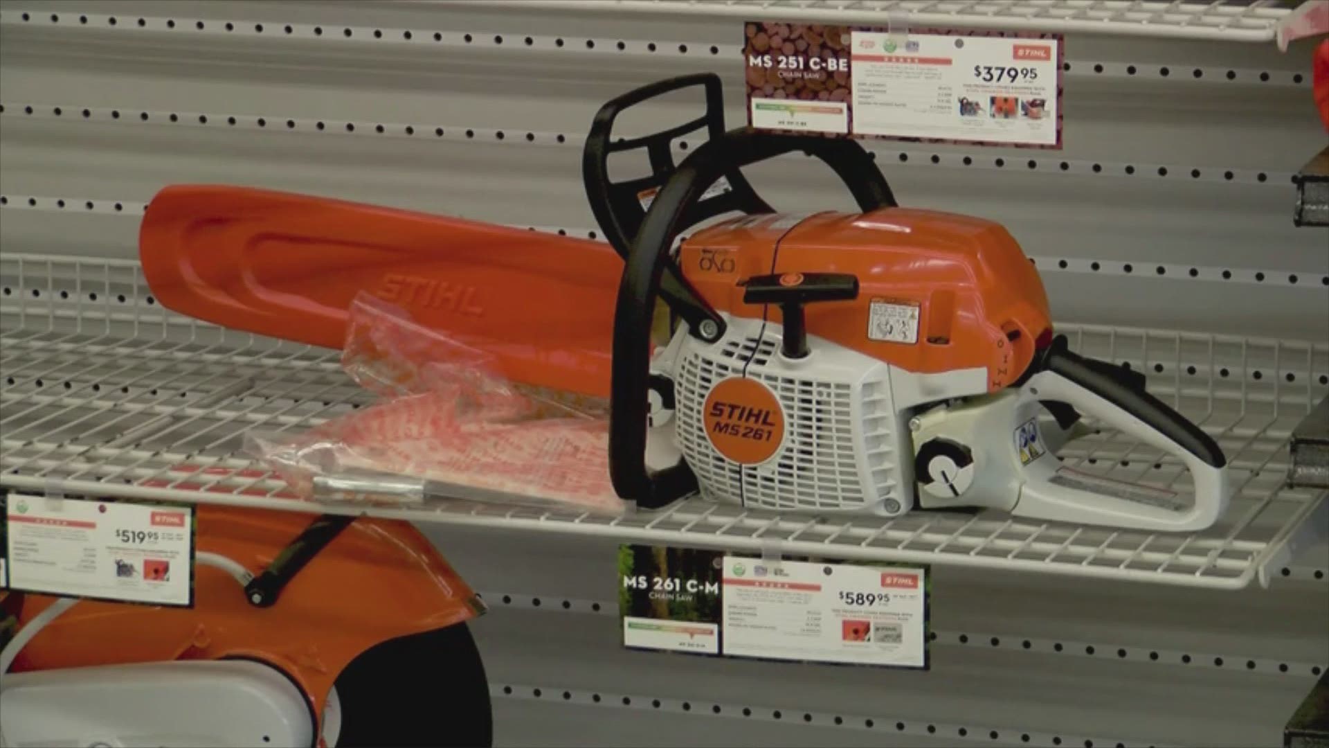 Chainsaws flying off of shelves following storm damage