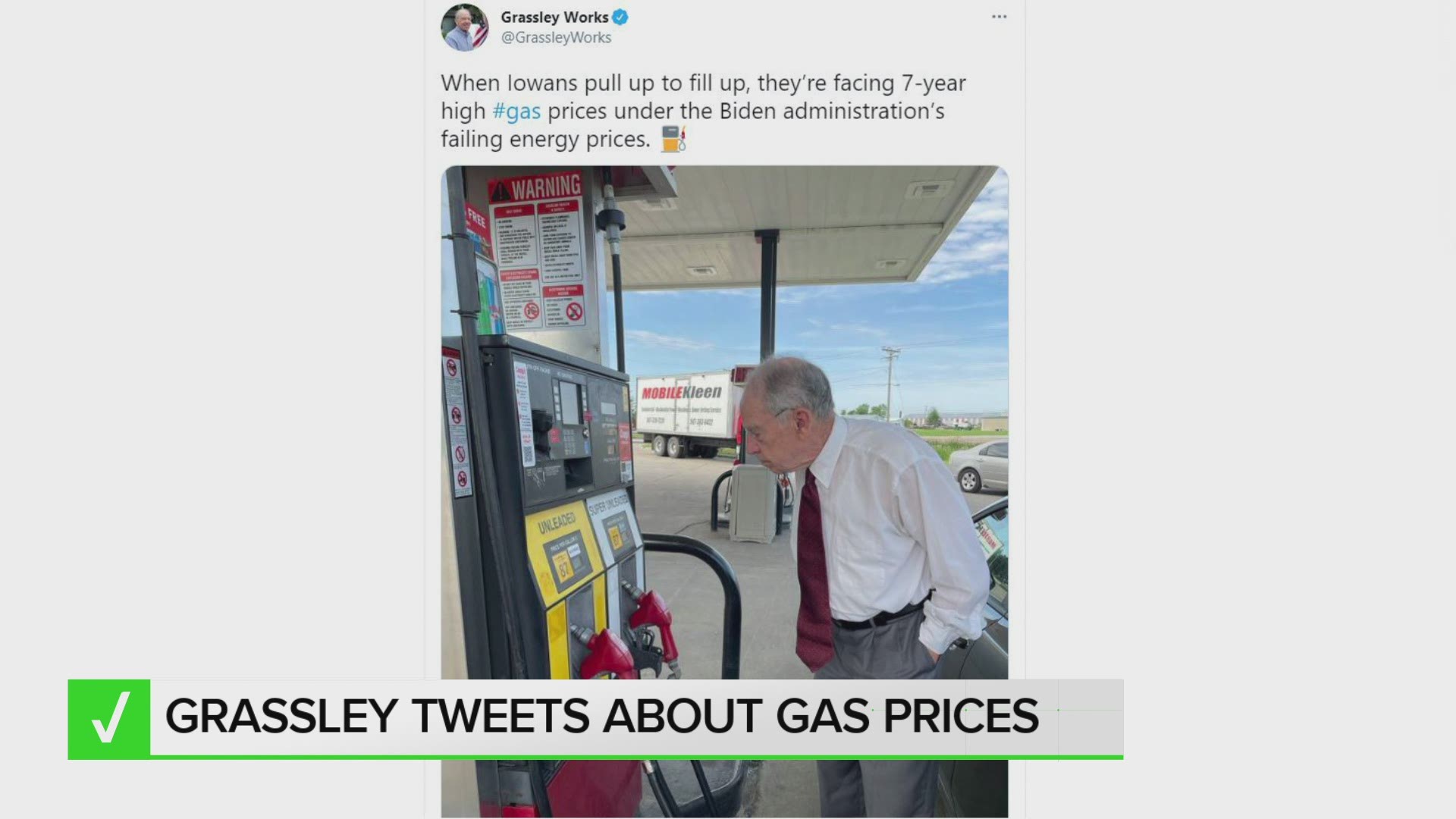Republican Sen. Chuck Grassley tweeted Iowans are paying more for gas now than in the last seven years, but that's not true. Let's VERIFY.