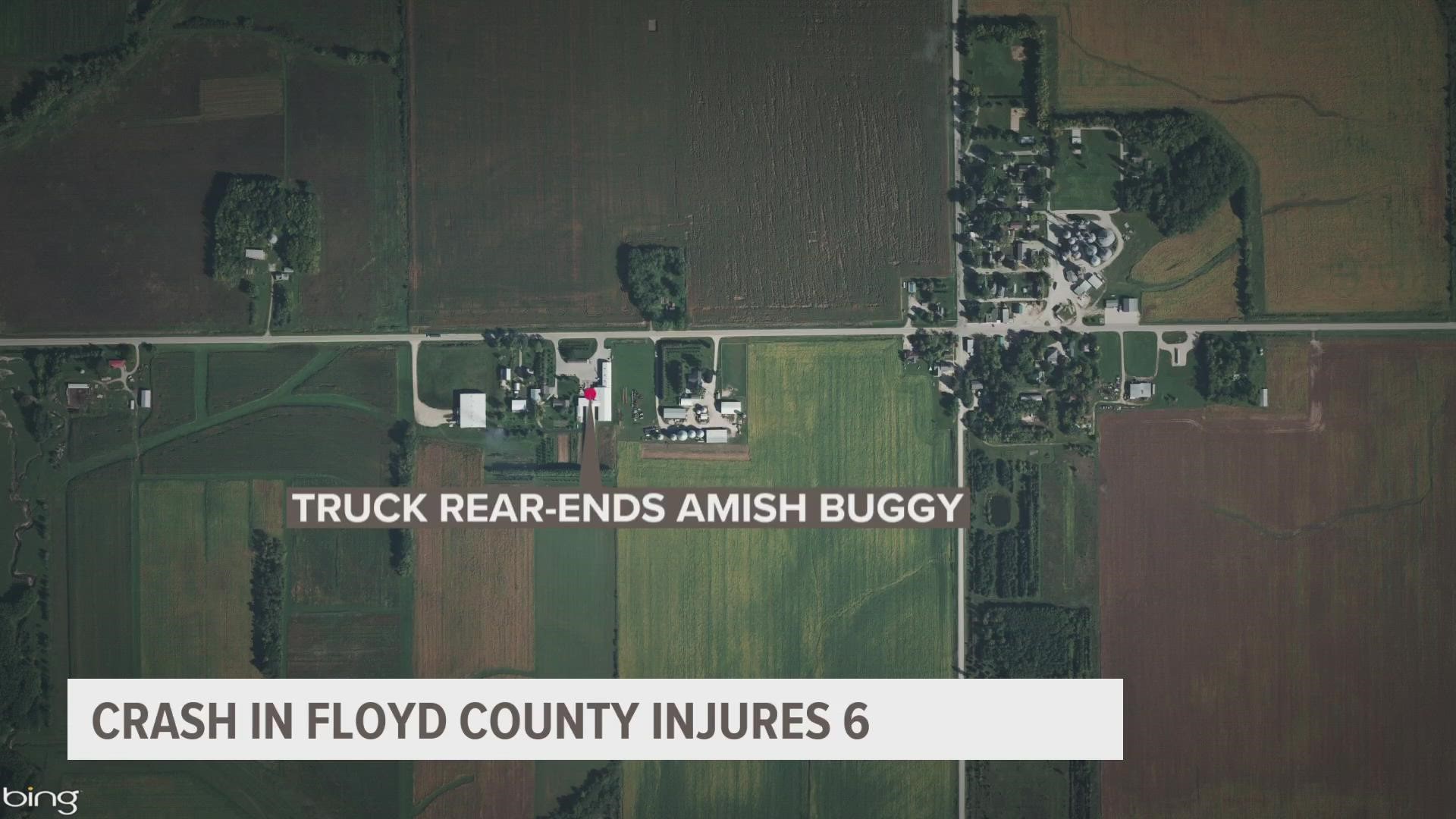 A truck rear-ended an Amish buggy around 3:40 p.m. Tuesday, ejecting and injuring all six passengers. Four of the injured passengers were children.