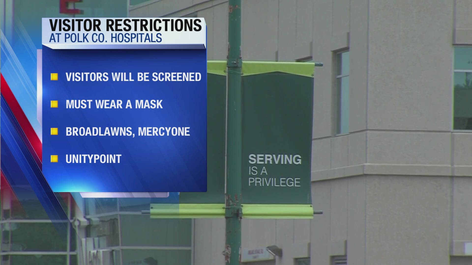 Hospital visitors will be screened for coronavirus symptoms and must wear a mask upon entering the hospital or clinic.