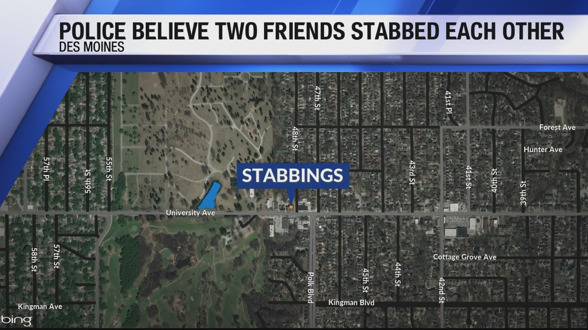 Des Moines police say the men injured are friends who appear to have attacked one another.