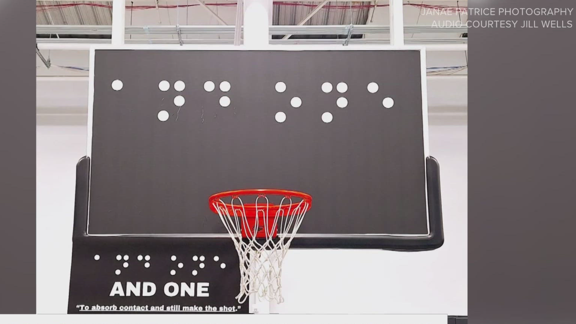 Jill Wells explains the "Metaphor for life" that is the "And One" Braille backboard.