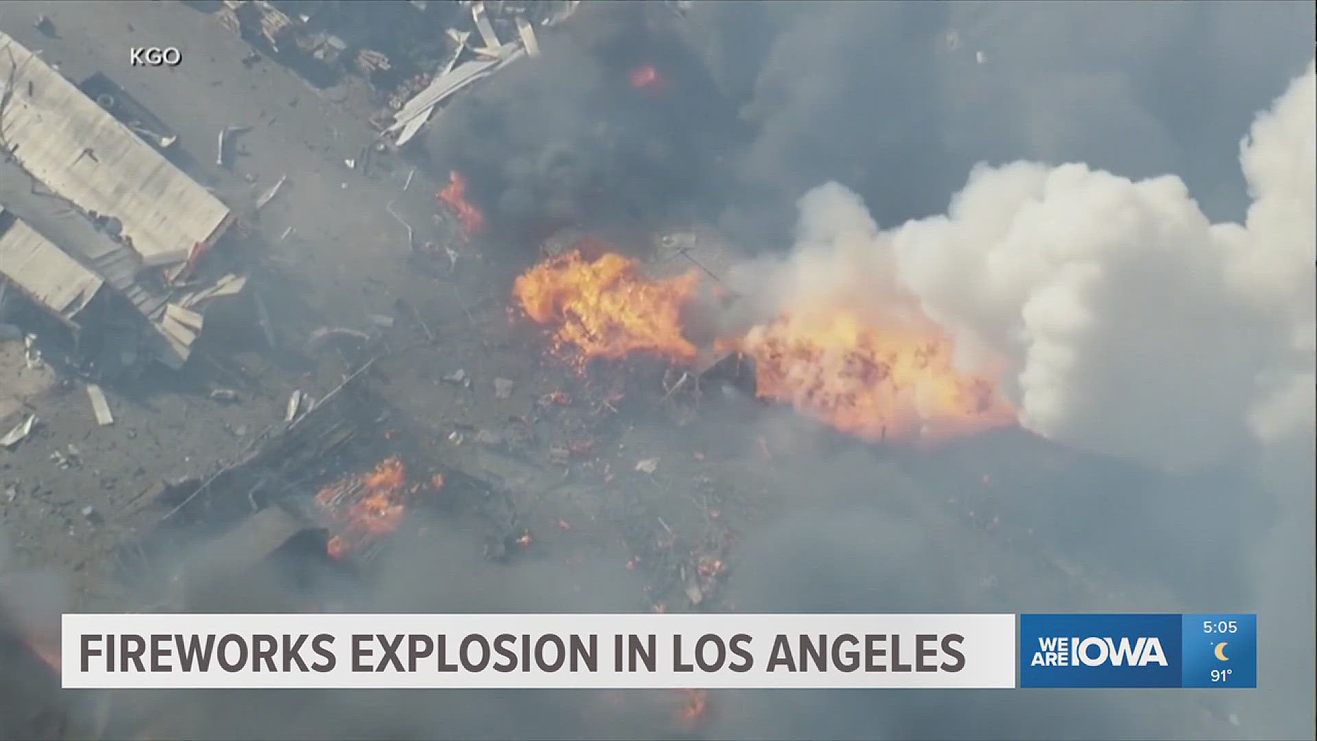 One person is dead and five people are injured after an accidental fireworks explosion set multiple homes on fire outside Los Angeles. 