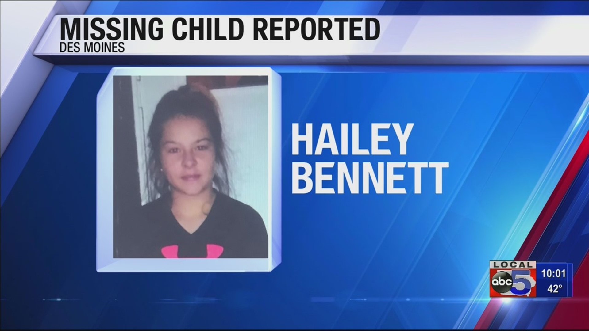 12-year-old Hailey Bennett was last seen at approximately 5:00 p.m. when she left her home in the 1400 block of Hull Avenue.