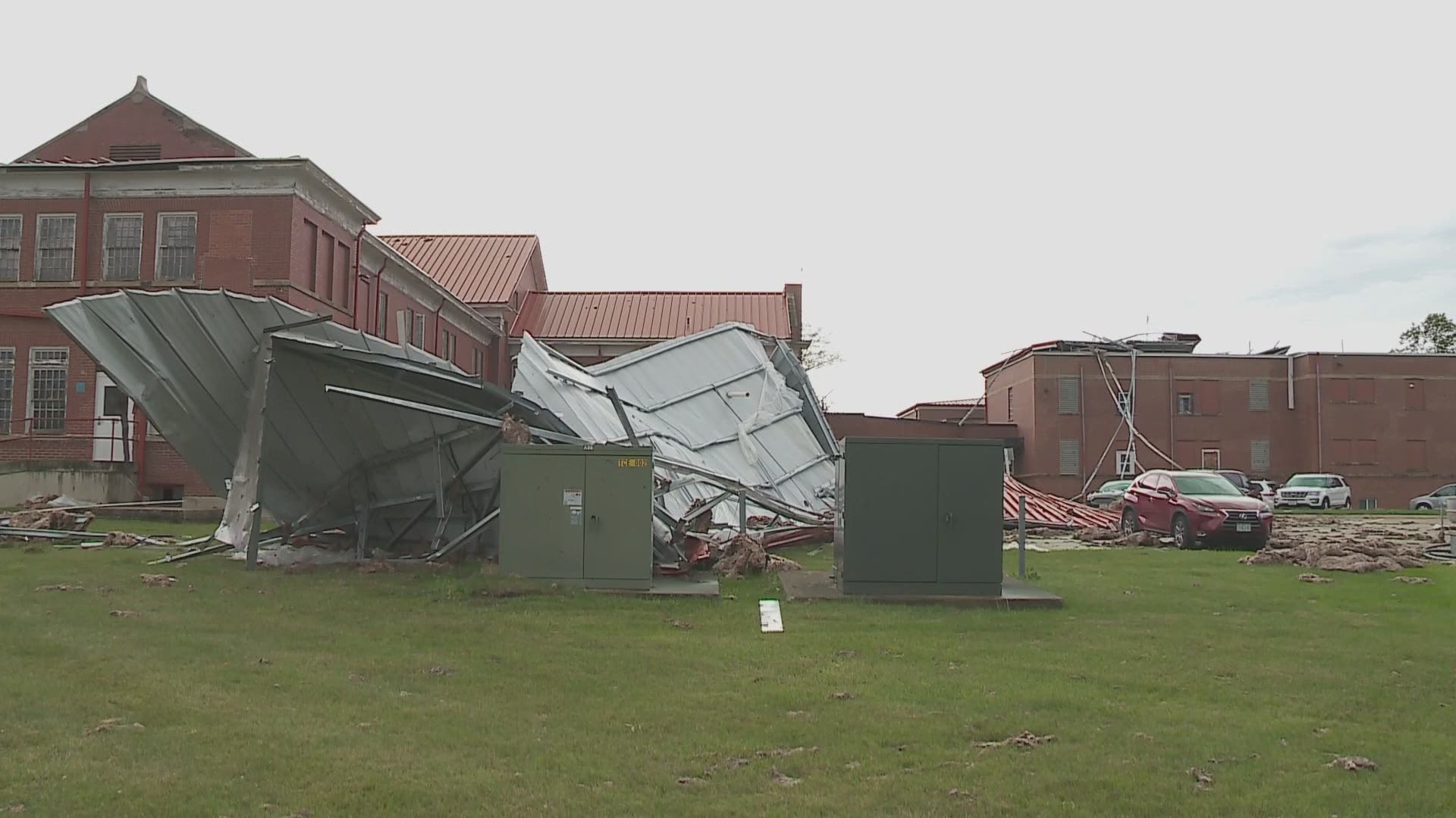 Buildings throughout Woodward, Iowa saw varying degrees of damage Monday after a storm with high winds and heavy rain rolled through the area.