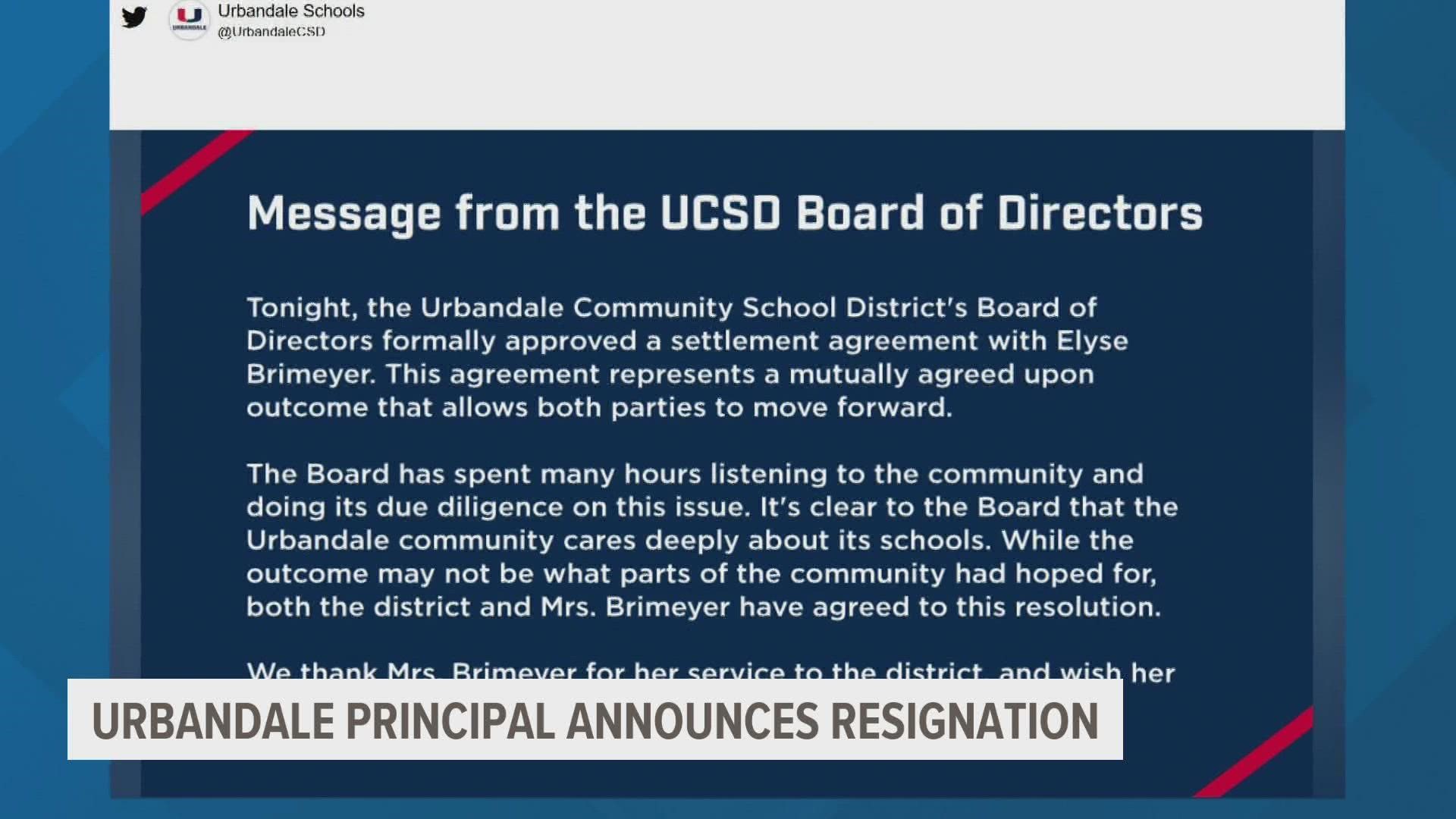 The Urbandale School District has made a decision about the future of Elyse Brimeyer, who was put on administrative leave in January.