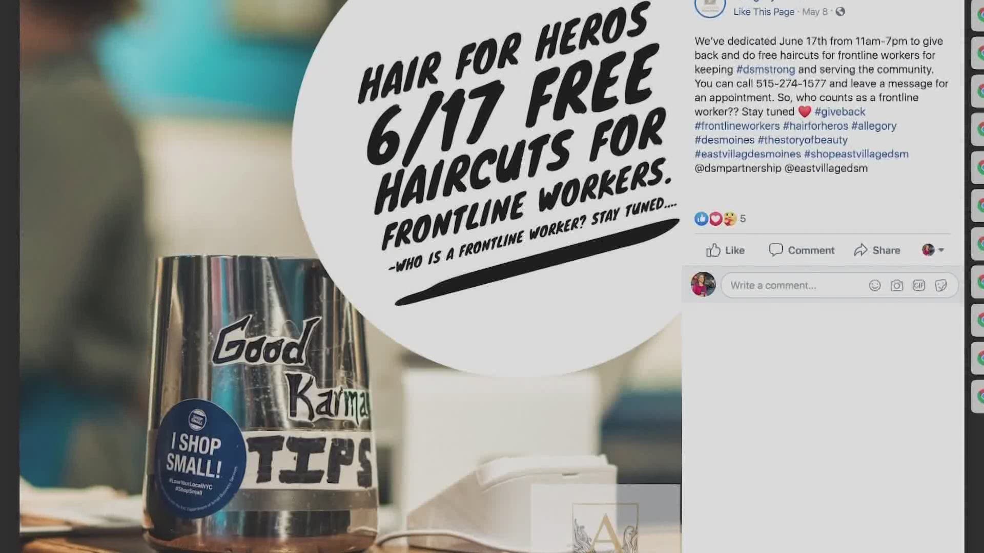 The owners of Allegory Salon in the East Village want to give back to the workers on the front lines by providing free haircuts on a day in June.