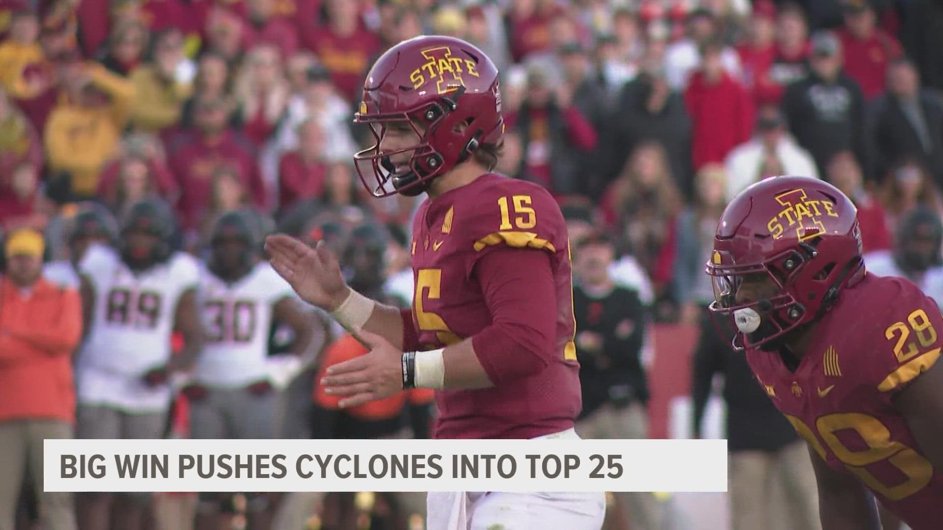 Iowa State is No. 22 in the latest poll and Saturday's win knocked Oklahoma State down from No. 8 to No. 15.