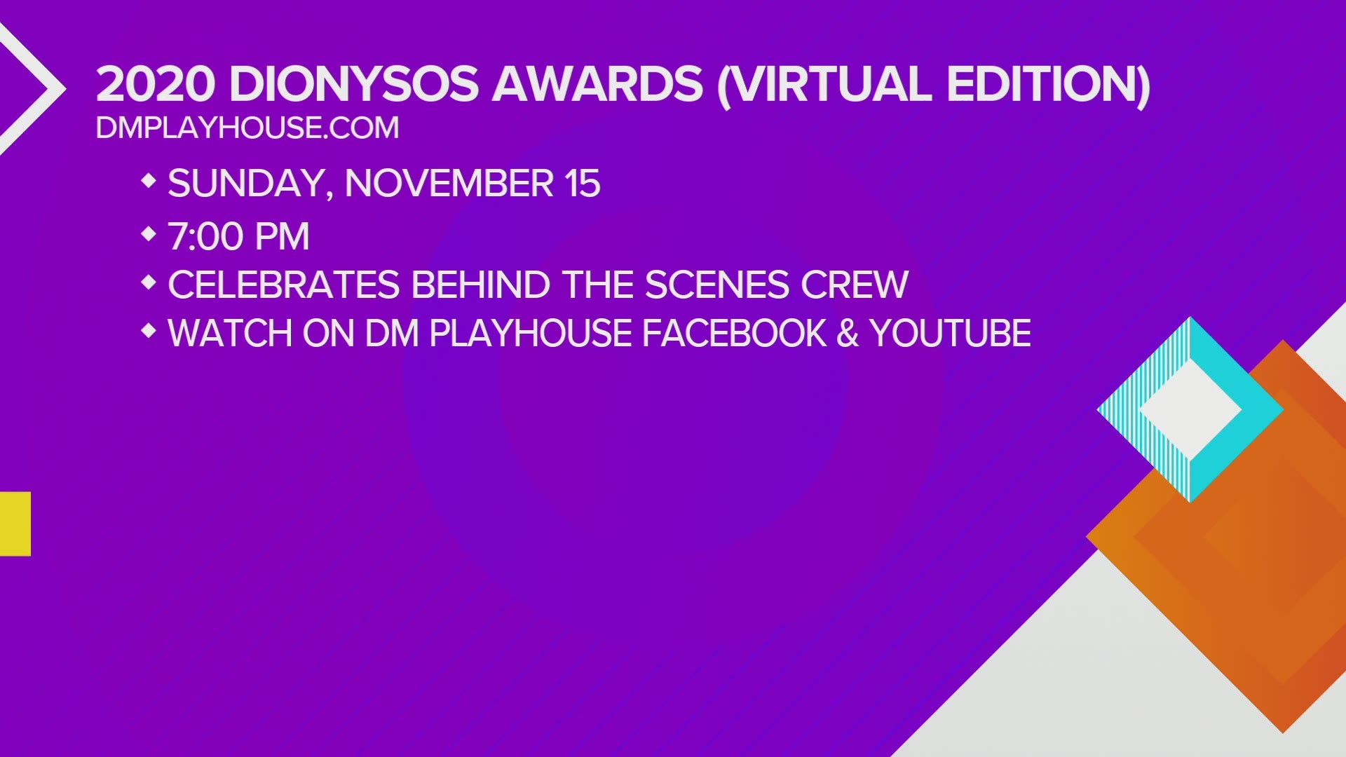 The Virtual Dionysos Awards are this weekend at the Des Moines Playhouse