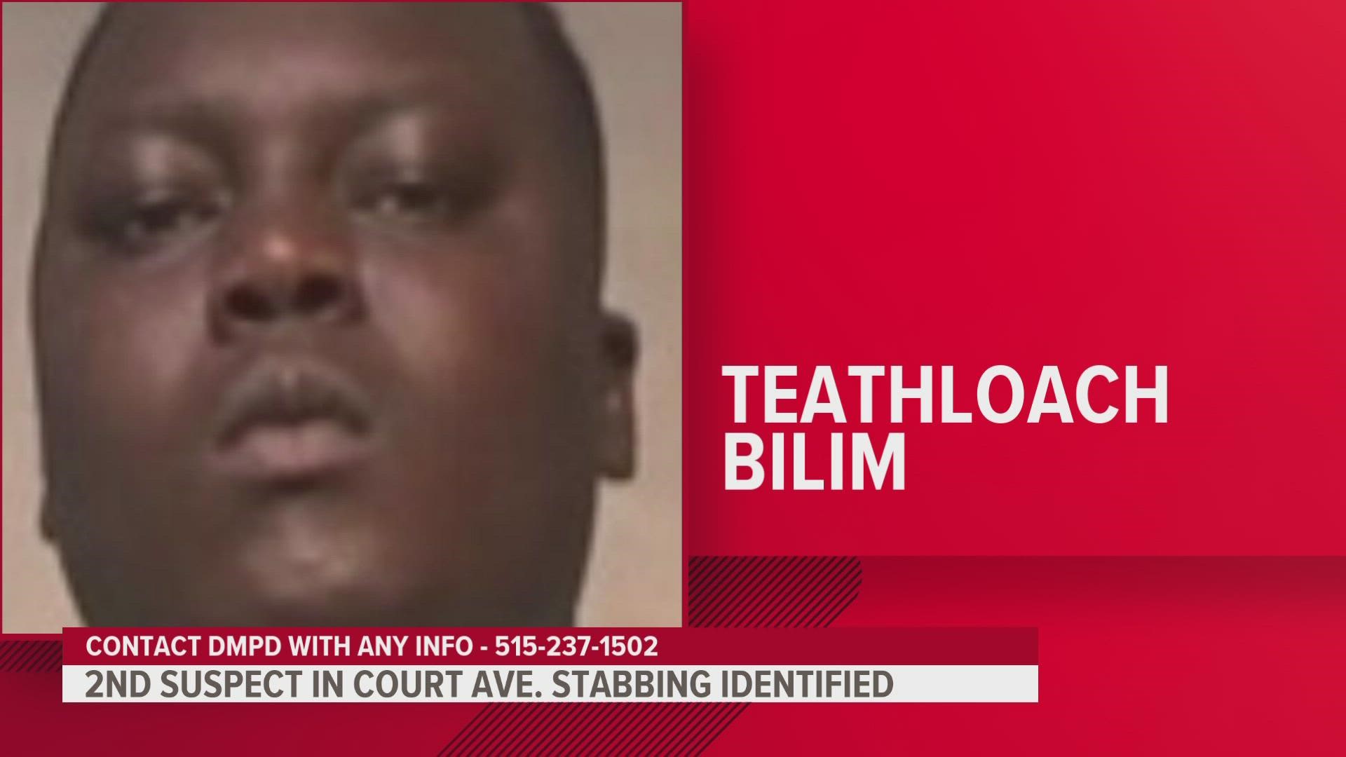 Police identified 24-year-old Teathloach Bilim as a second suspect in the stabbing Tuesday, Sept. 20.