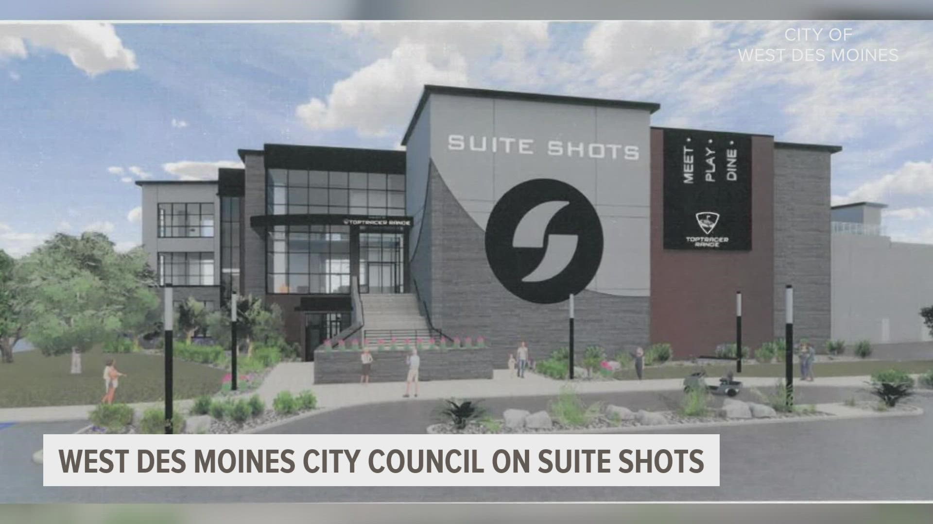 The West Des Moines City Council voted to move forward with development plans to build a Suite Shot golf facility near Eye 35 and Grand Avenue.