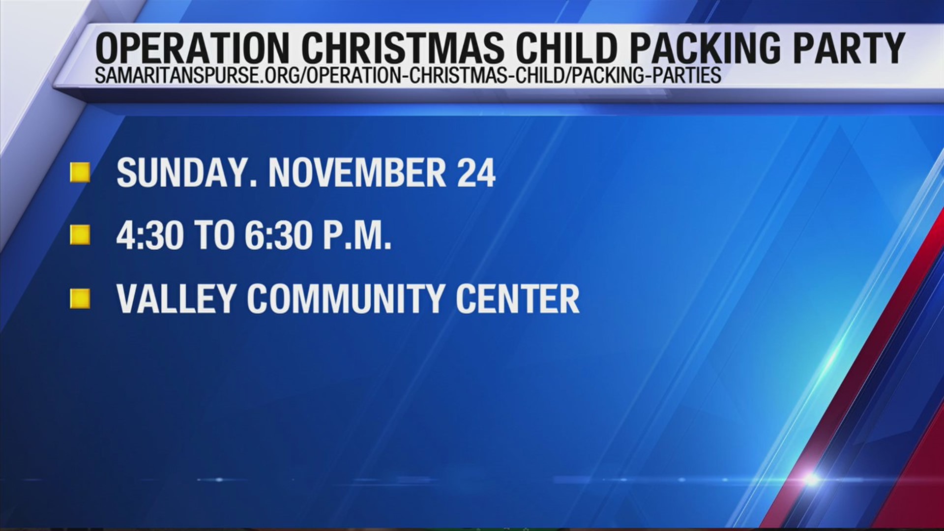 Samaritans Purse is calling on your help this weekend to help children in need all over the world as they host an Operation Christmas Child packing party.