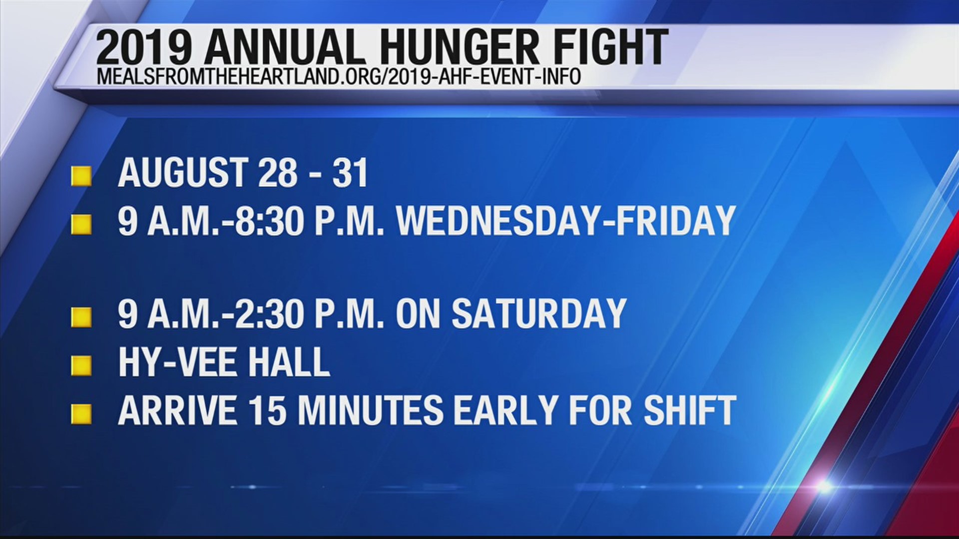 DES MOINES-- This week, you donate just a few hours of your time and join the humanitarian effort to end hunger at the 12th Annual Meals from the Heartland Hunger Fight.