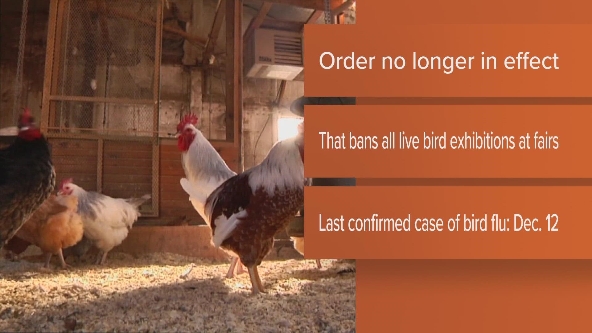 The order was originally instated on Nov. 10 in response to cases of highly pathogenic avian influenza.