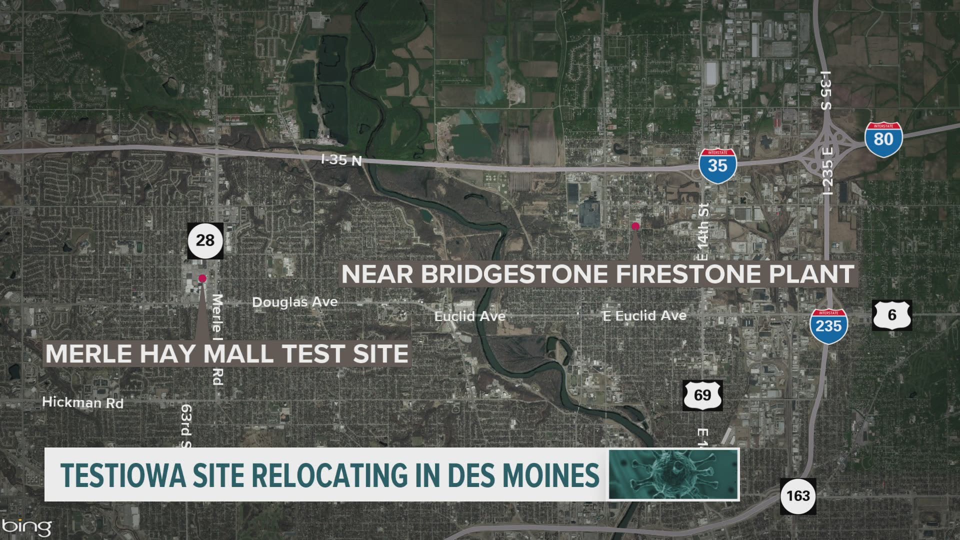The TestIowa site near Merle Hay Mall is moving crosstown near the Bridgestone Firestone plant in Des Moines, state leaders said Thursday.