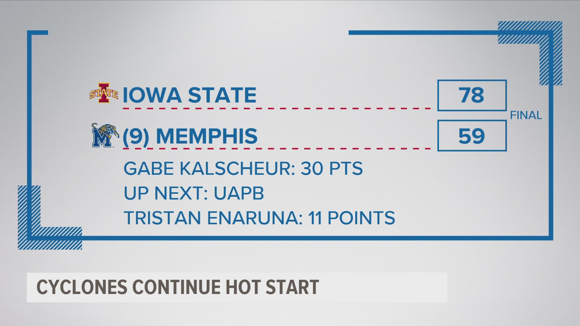 Gabe Kalscheur scored 30 points and led Iowa State to defeat No. 9 Memphis in the championship game of the NIT Season Tip-Off.