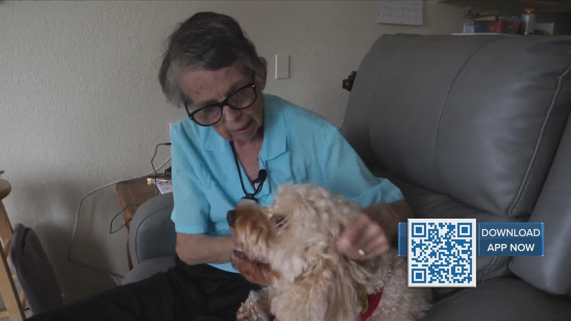 Linda Johnston's Parkinson's Disease makes controlling her muscles difficult. Frankie helps her relax them.