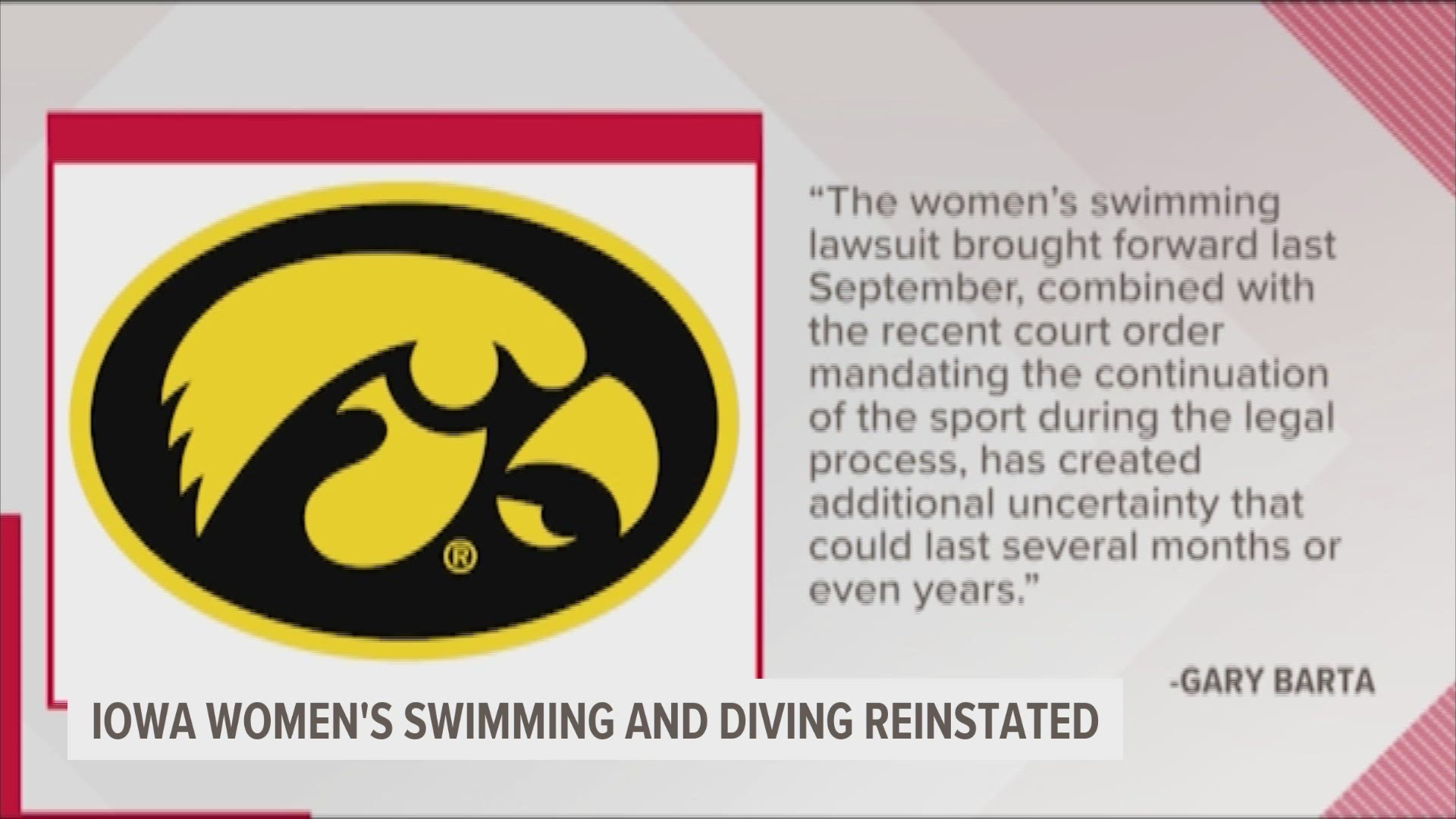 School officials announced in August they were dropping men’s and women’s swimming and diving, men’s gymnastics and men’s tennis at the end of their 2020-21 seasons.