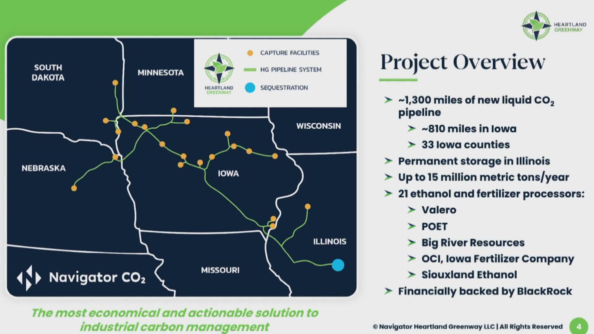 The Navigator CO2 pipeline would take carbon dioxide emissions from 21 ethanol and fertilizer processors across five states.