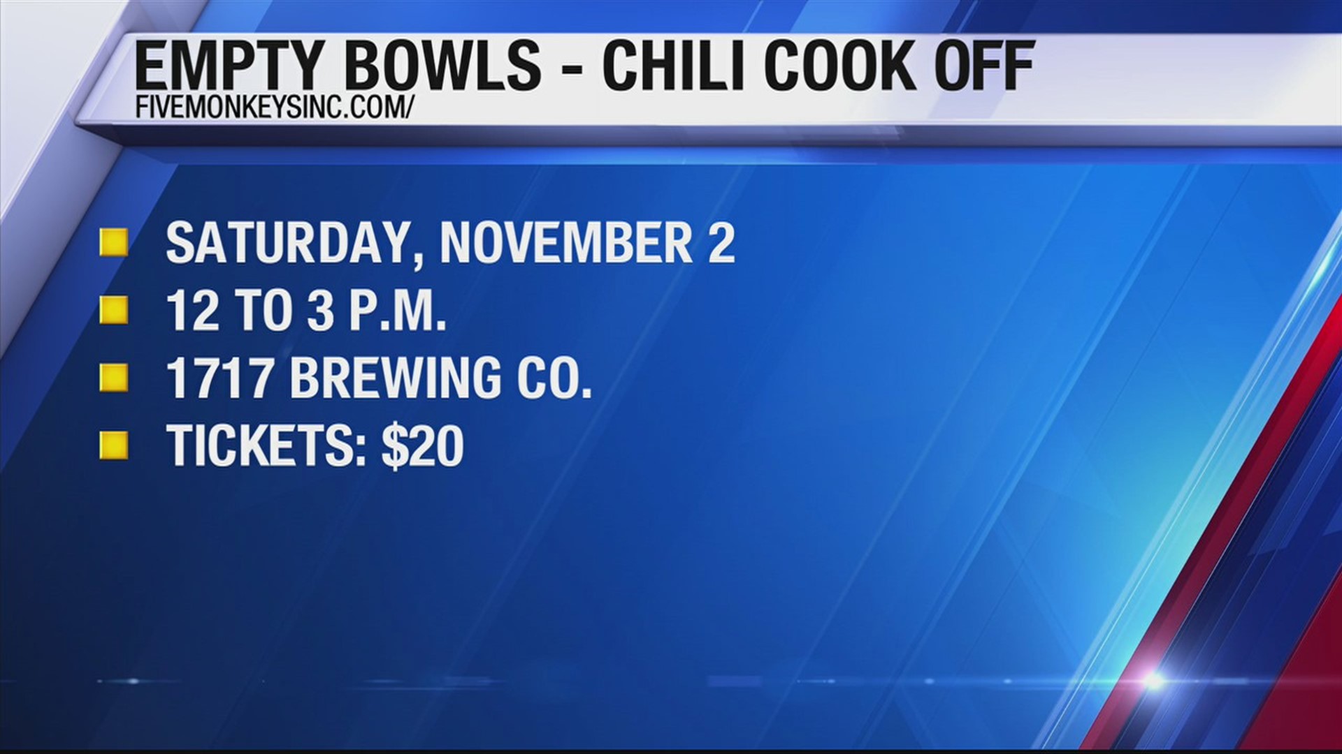 This weekend, you can help fight hunger one bowl at a time as Five Monkeys Inc. and 1717 Brewing Co. host the Empty Bowls Chili Cook Off fundraiser.