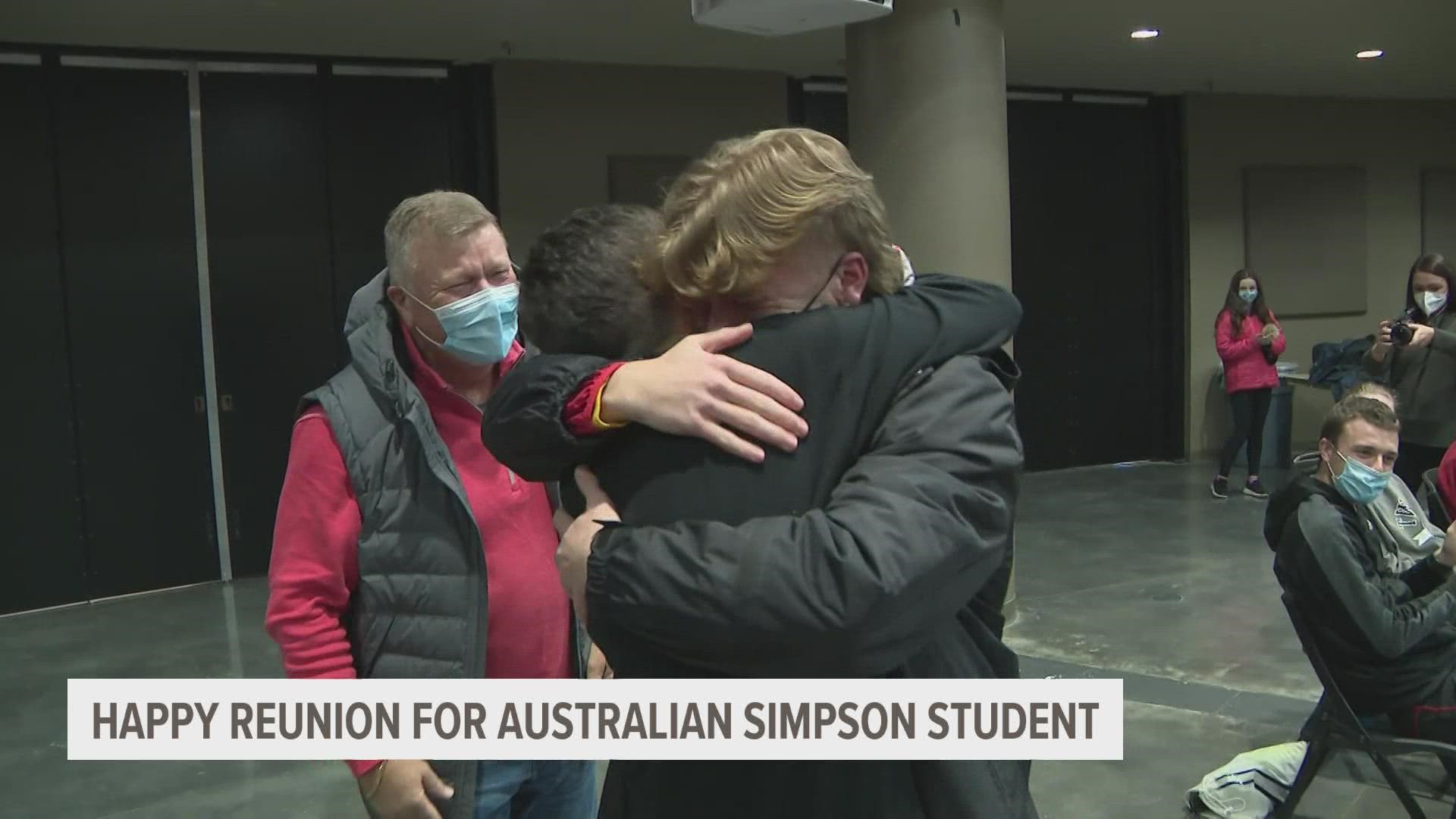 Simpson College student-athlete James Murray hadn't seen his parents since he left Australia in 2020, due to the pandemic.