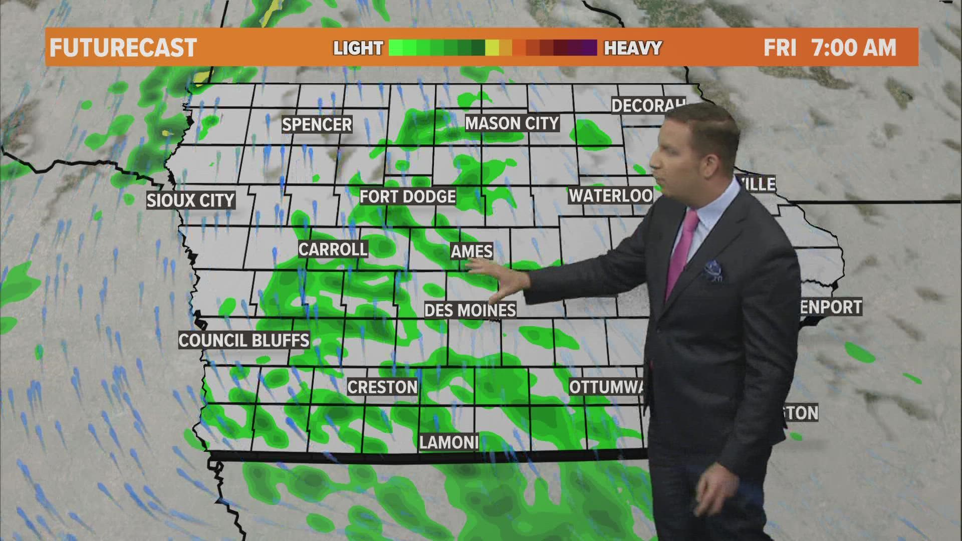 Scattered showers and clouds are expected throughout the day.