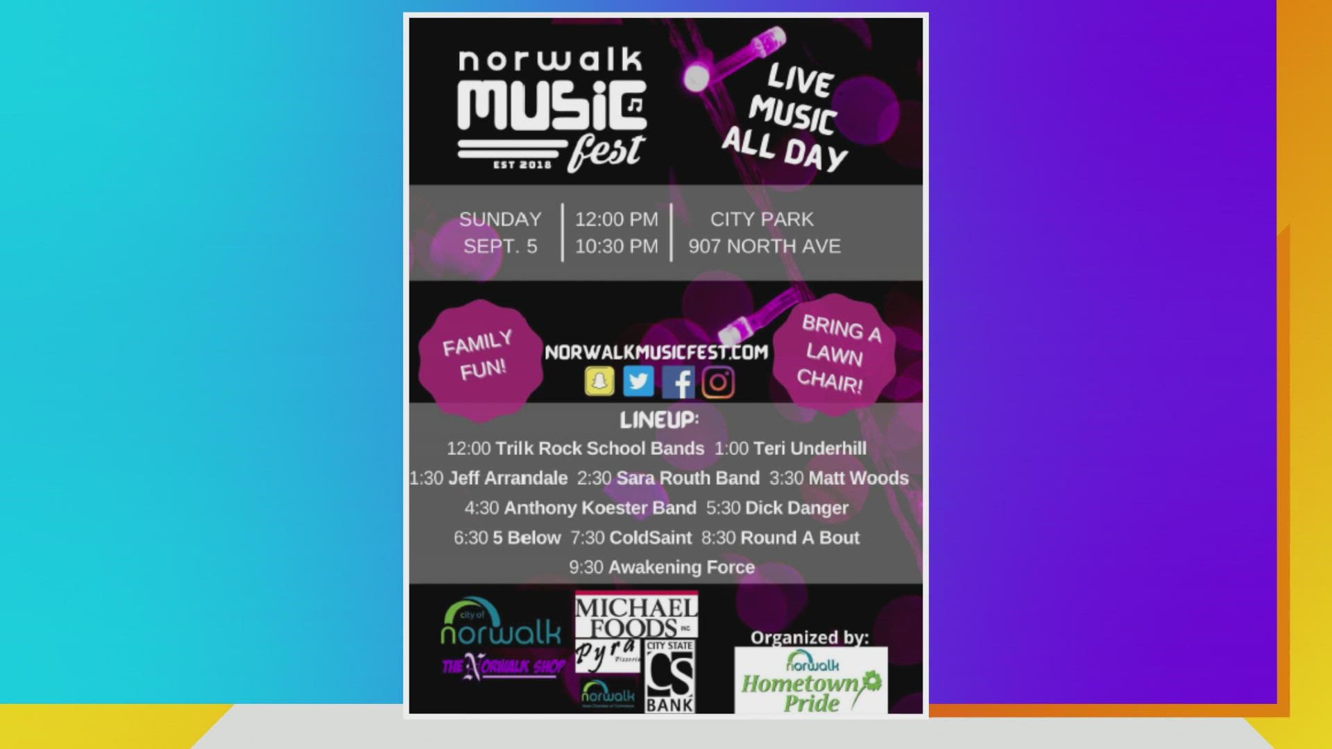 Norwalk Music Fest is happening THIS SUNDAY September 5, 2021 at the City Park. The event is FREE to attend and will include 11 bands performing from Noon-10:30pm!