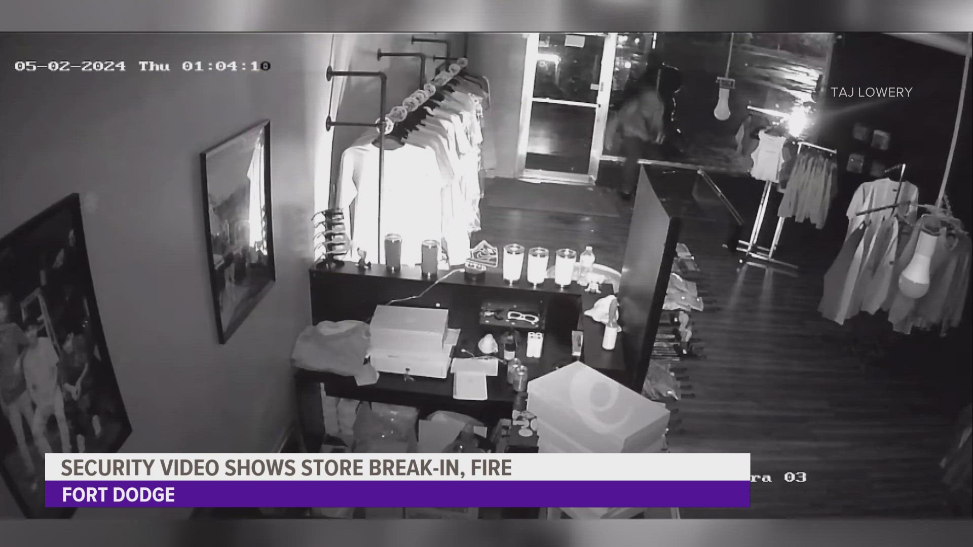 Video shows someone breaking in and setting fire to apparel at the store.