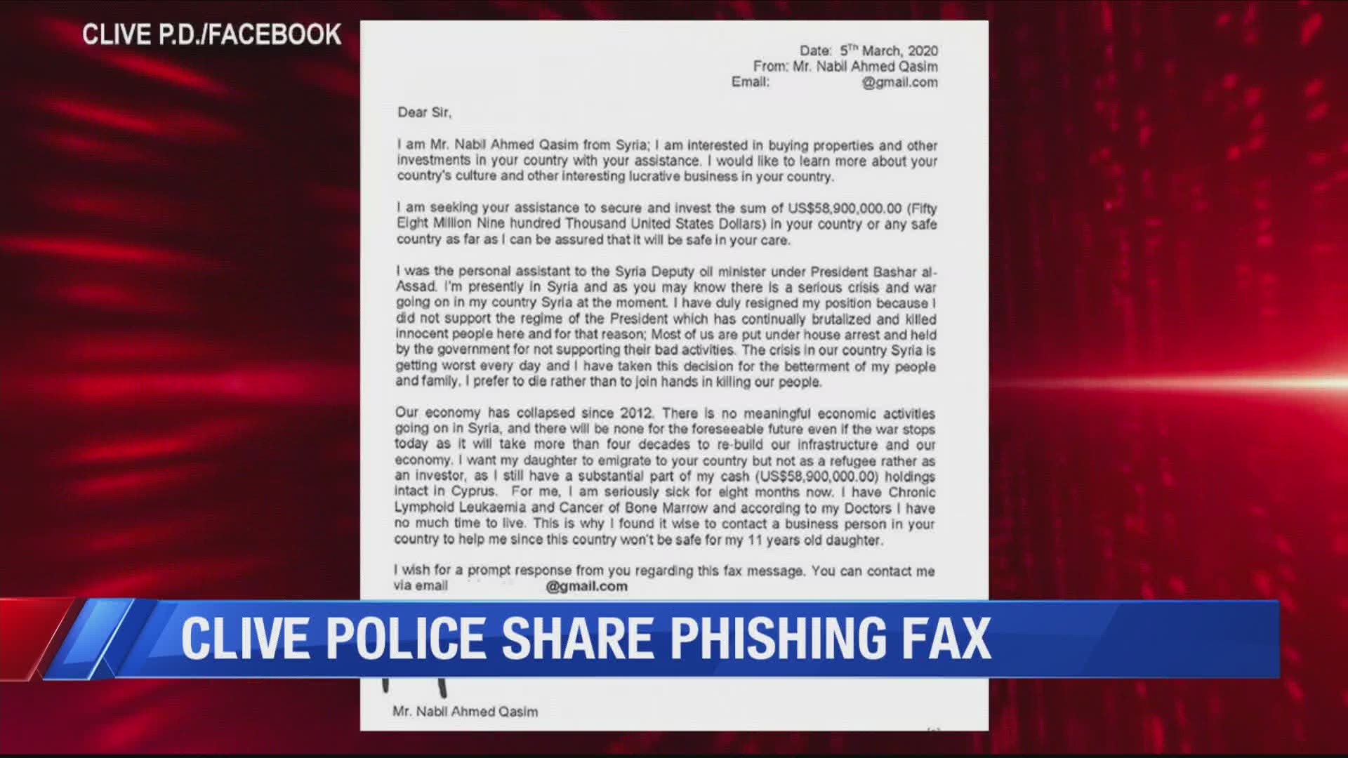 The Clive Fire Department received a phishing fax, and police there shared it on social media this week.