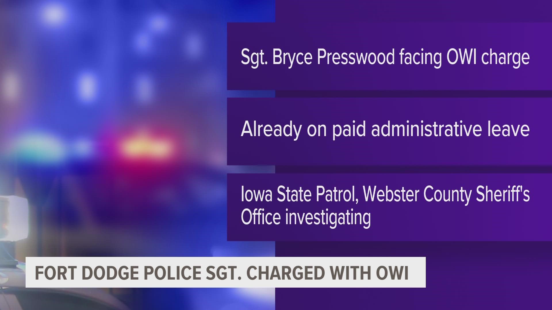 According to court documents, Sgt. Bryce Presswood is charged with a first-offense OWI and cited for leaving the scene of an accident and having an open container.