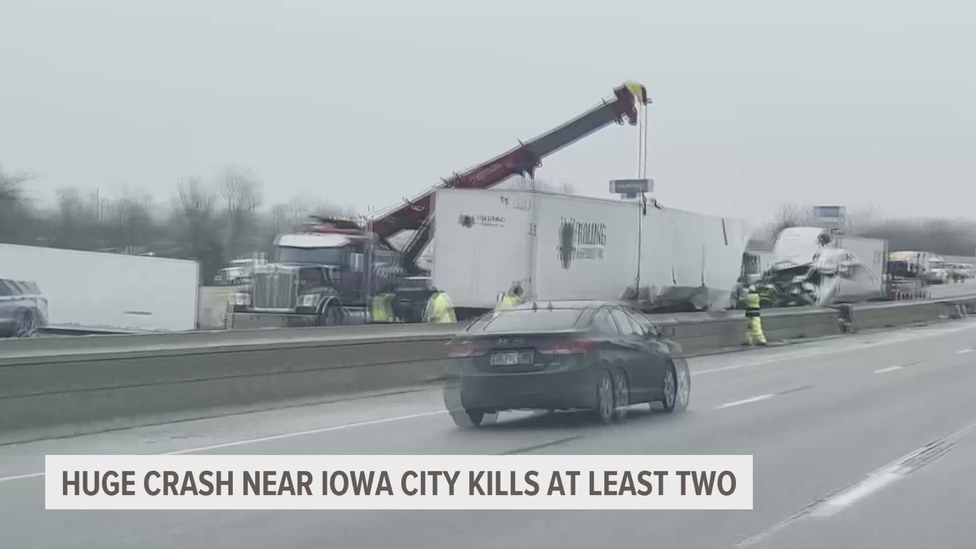 Two people are dead and many others are injured after a 15-vehicle pileup in icy conditions on Interstate 80 near Iowa City Sunday.