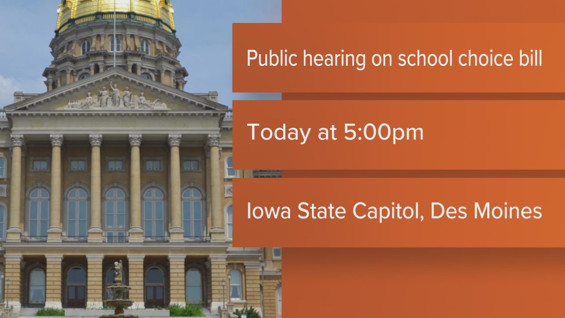 The hearing will discuss the school choice plan that Gov. Reynolds outlined in her Condition of the State speech earlier this month.