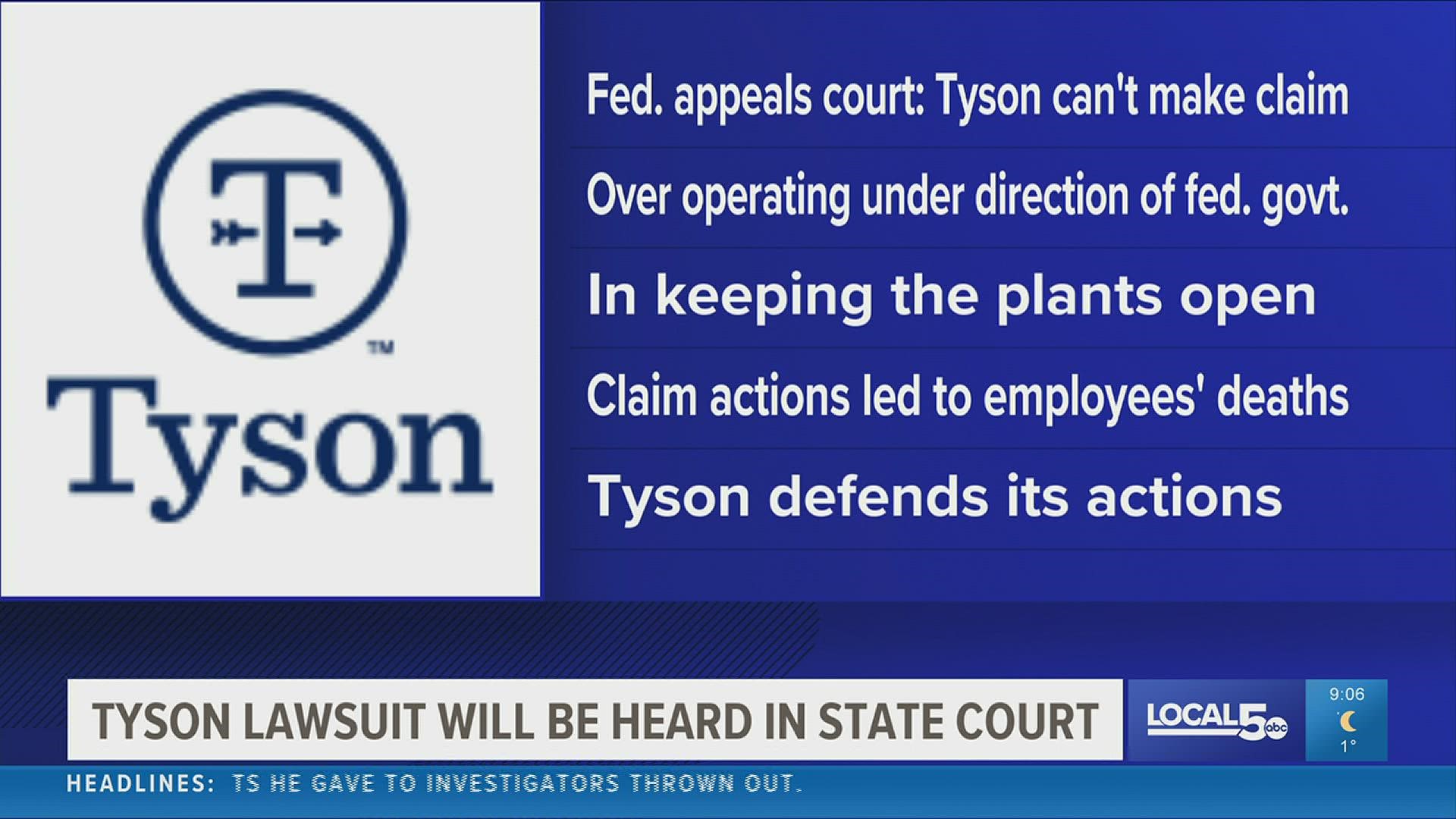 A federal appeals court ruled Tyson Foods wasn't acting under the direction the federal government, sending the case back to state court.